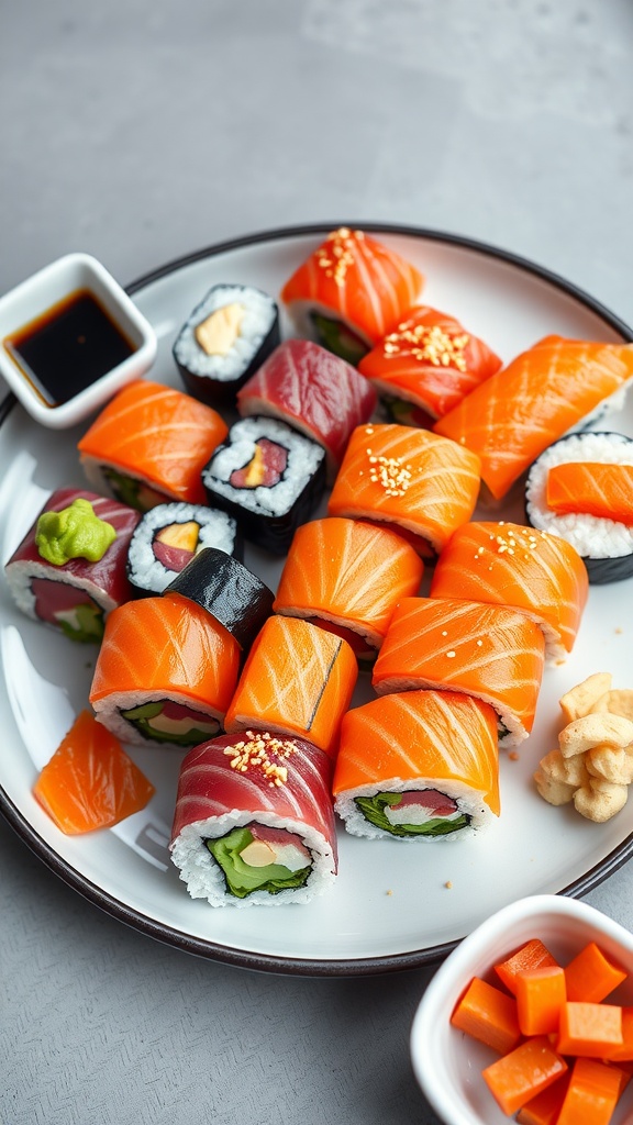 Colorful 8-bit pixel art sushi rolls on a plate with soy sauce, wasabi, and pickled ginger.